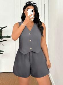 SHEIN EZwear 大码春夏休闲通勤纯色背心短裤套装，商务休闲女装毕业季、返校季、秋冬教师装 - 深灰色 - 查看 5