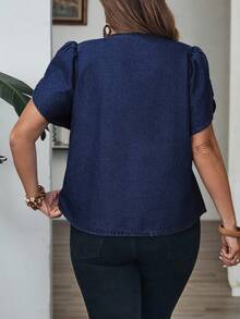 EMERY ROSE Plus Size Women Casual Loose Fit Daily Versatile Denim Short Sleeve Top Dark Blue Top Navy Blue Blouse Women Denim Tops - Dark Wash - View 2