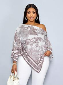 SOLERSUN 女士加大码休闲优雅杏色印花不对称领长袖不对称下摆衬衫斜肩开衩袖宽松时尚衬衫复古日落假日印花蝙蝠袖上衣新款上市百搭日常通勤、外出、静谧奢华度假、女士休闲衬衫、假日服装 - 棕色 - 查看 2