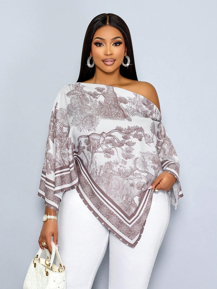 SOLERSUN 女士加大码休闲优雅杏色印花不对称领长袖不对称下摆衬衫斜肩开衩袖宽松时尚衬衫复古日落假日印花蝙蝠袖上衣新款上市百搭日常通勤、外出、静谧奢华度假、女士休闲衬衫、假日服装