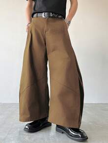 Manfinity EMRG Men's Solid Color Curved Blade Wide Leg Casual Loose Pants - Khaki - View 4