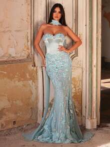 Glamrae 优雅奢华的绿色3D立体花朵串珠弹力针织美人鱼裙，性感无肩带设计，适合婚礼、派对、度假、盛大晚宴等场合（装饰繁复） - 草綠色 - 查看 9