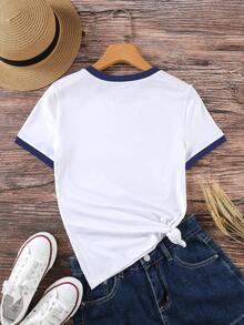 Women's Contrast Trim Letter Print Casual Round Neck Short Sleeve T-Shirt, Summer - White - View 2