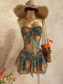 Soleia Women's Apricot Lace Top And Skirt Set, Suitable For Vacation, Beach, Music Festival, Party, Summer Outfit - Multicolor - View 4