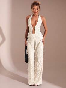 SHEIN Glamour 两件套米色亮片露背性感露肩无袖上衣裤套装，街头风，秋冬套装，演唱会套装，夜店套装，约会套装，优雅套装，舞会套装，锐舞套装，女士生日套装，派对必备，花卉时尚，闪亮套装，情人节套装 - 米色 - 查看 5