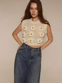 2026 Studio Blusa de punto sin mangas con estampado floral 3D para uso casual y vacaciones en la playa de las mujeres - Blanco - Ver 5
