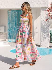 Vivid Eden Spring/Summer Outing Holiday Date Dresses, Spring/Summer Casual Vacation Dresses With Tie-Back Back And A-Line Waist, Artistic Square Print Women's Dresses, Summer Beach Dresses, Back-To-School Dresses, Very Simple Outfits, Women's Country Style, Office Wear, Old Money Style, Teacher's Wear, Date Wear, Graduation Season Dresses, Women's Dresses, Spring/Summer Casual Dresses, Summer Dresses - Multicolor - View 4