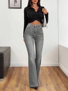 Slim Fit High Waist Flared Comfort Denim Jeans - Grey - View 6