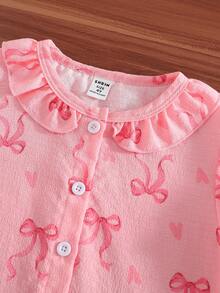 女童粉色蝴蝶结爱心图案荷叶边领开衫和裤子套装