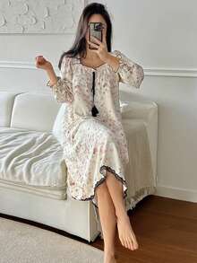 DAZY Floral Print Contrast Trim Puff Sleeve Long Women Nightgown