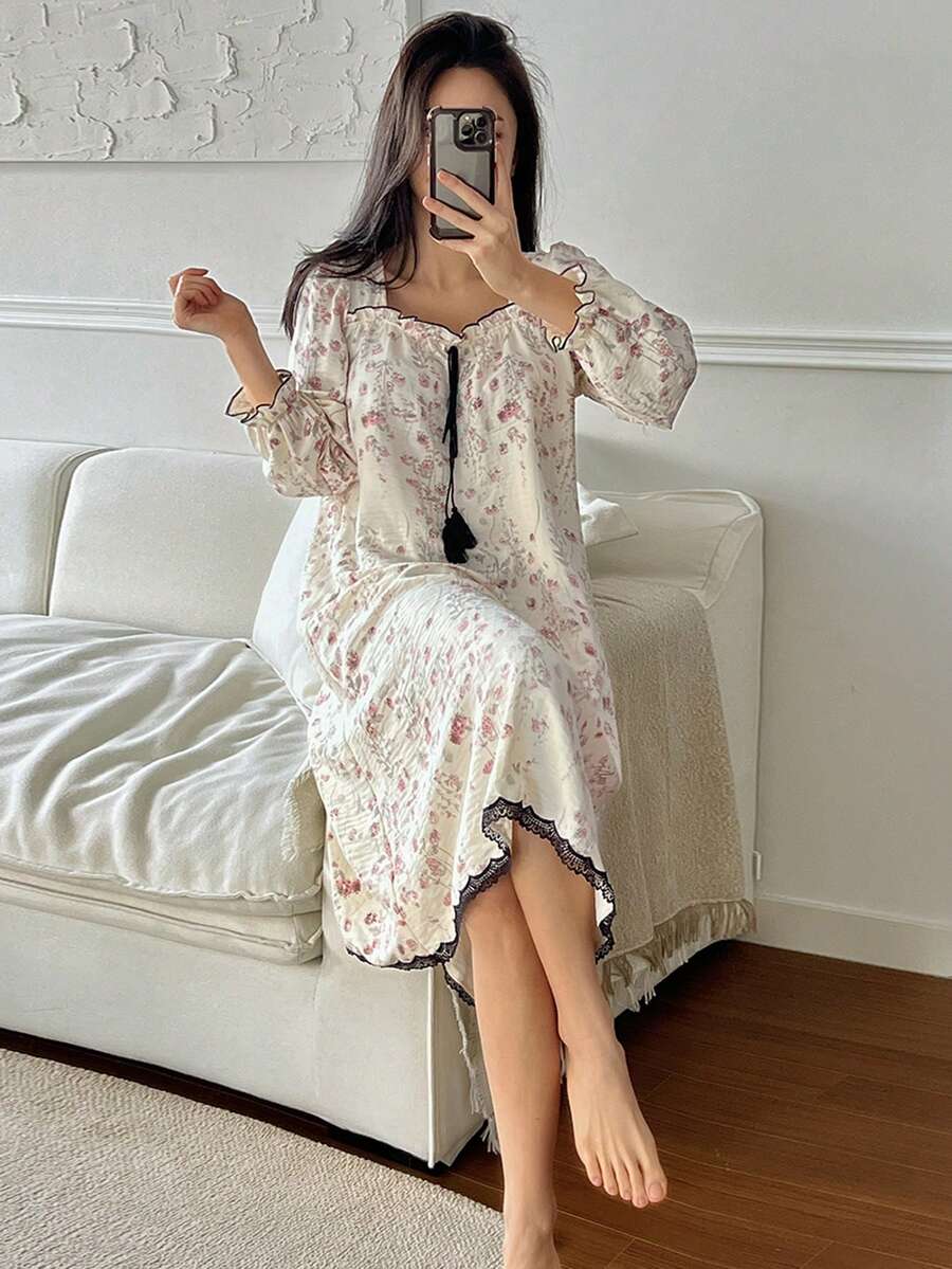 DAZY Floral Print Contrast Trim Puff Sleeve Long Women Nightgown