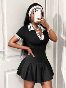 SHEIN BamGlam 女士新款POLO领撞色百褶裙，百褶连衣裙，连衣裙，YK2酷女孩风，休闲学院风，伞裙 - 黑色 - 查看 6