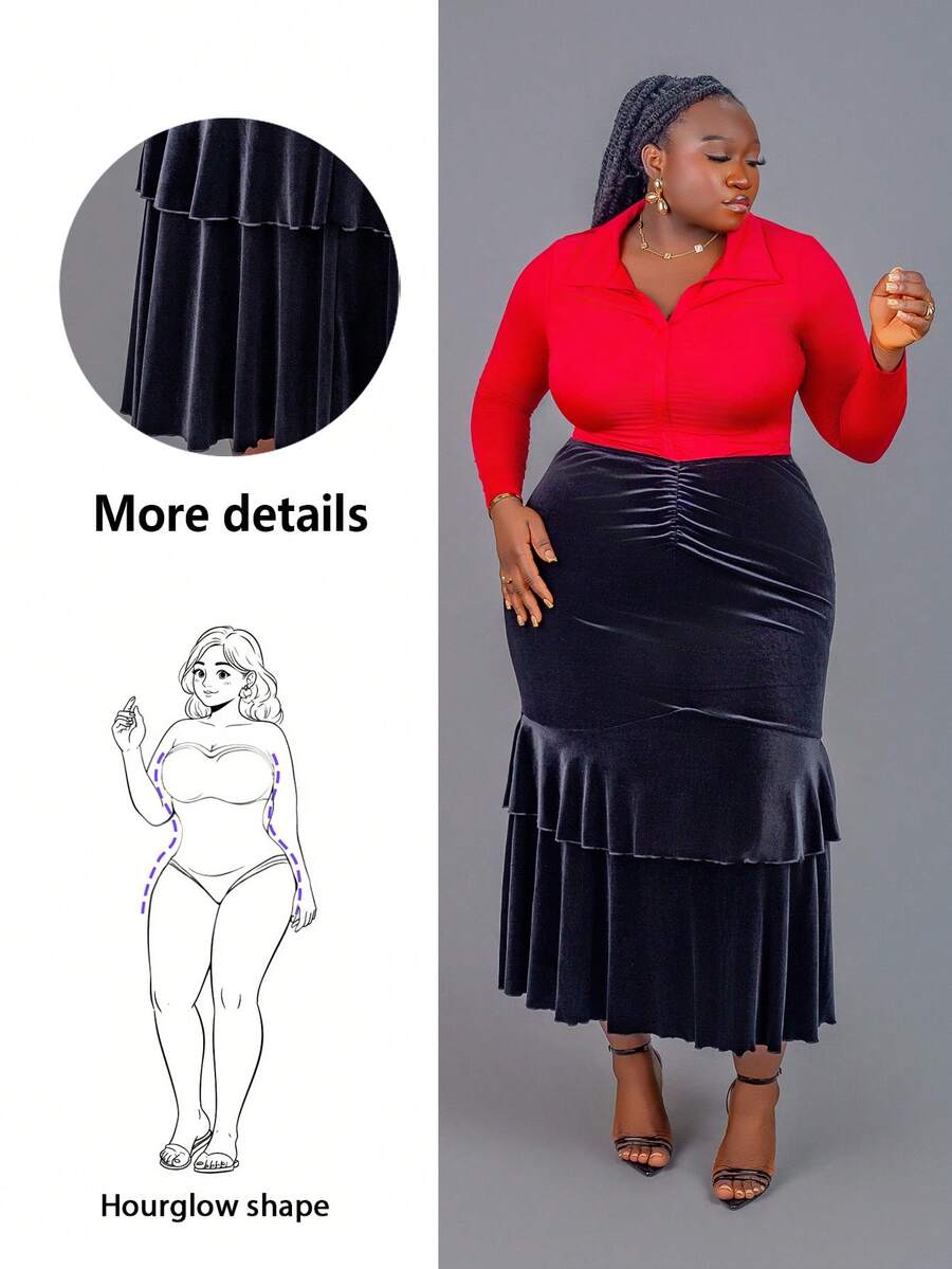 CurvyTilda Falda de cola de sirena con volantes negra de estilo retro para tallas grandes - Negro - Ver 1