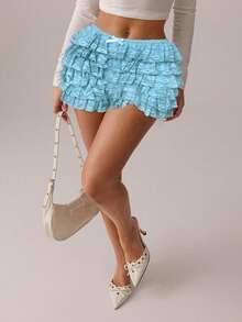 SHEIN SXY 女士精致蕾丝荷叶边低腰短裤，浅蓝色 - 淺藍色 - 查看 3
