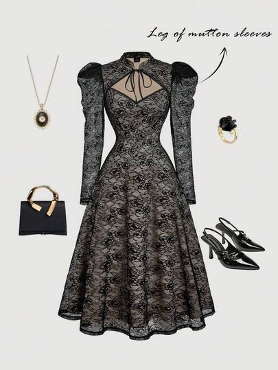 SHEIN MOD Vintage Royal Style Qipao Collar Leg-Of-Mutton Sleeves Flared Dress, Party Dress, Ball Gown, Exquisitely Crafted, Perfect For Date Night, Party, Royal, Festival, Birthday, Ball Gown, And Homecoming Events