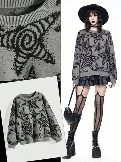 Grunge Punk Grunge Dark Hippie Star Swirl Jacquard Loose Pullover Sweater