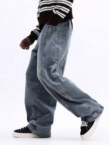 SUMWON Pantalones vaqueros anchos y holgados de estilo casual con panel, con acabado lavado vintage para comodidad diaria, de estilo urbano relajado - Azul - Ver 5