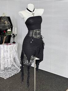 Coolane 女士夏季音乐会服装 西式度假装 Y2K 辣妹风弹力抹胸不对称荷叶边无袖连衣裙 - 黑色 - 查看 7