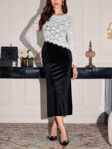 Modelyn Vestido ajustado de manga larga con cuello redondo y encaje de contraste para mujeres - Blanco y Negro - Ver 8