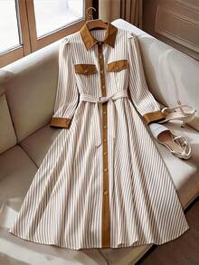 GlowEve CURVE Plus Size Striped Patchwork Contrast Color Long Sleeve Dress - Multicolor - View 1