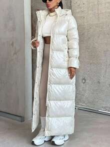 SHEIN Women's Unique Design Drawstring Sleeve Padded Warm Puffer Long Down Coat - White - View 3