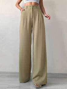 SHEIN Tall Women's Solid Color Wide Leg Suit Pants - Army Green - View 1