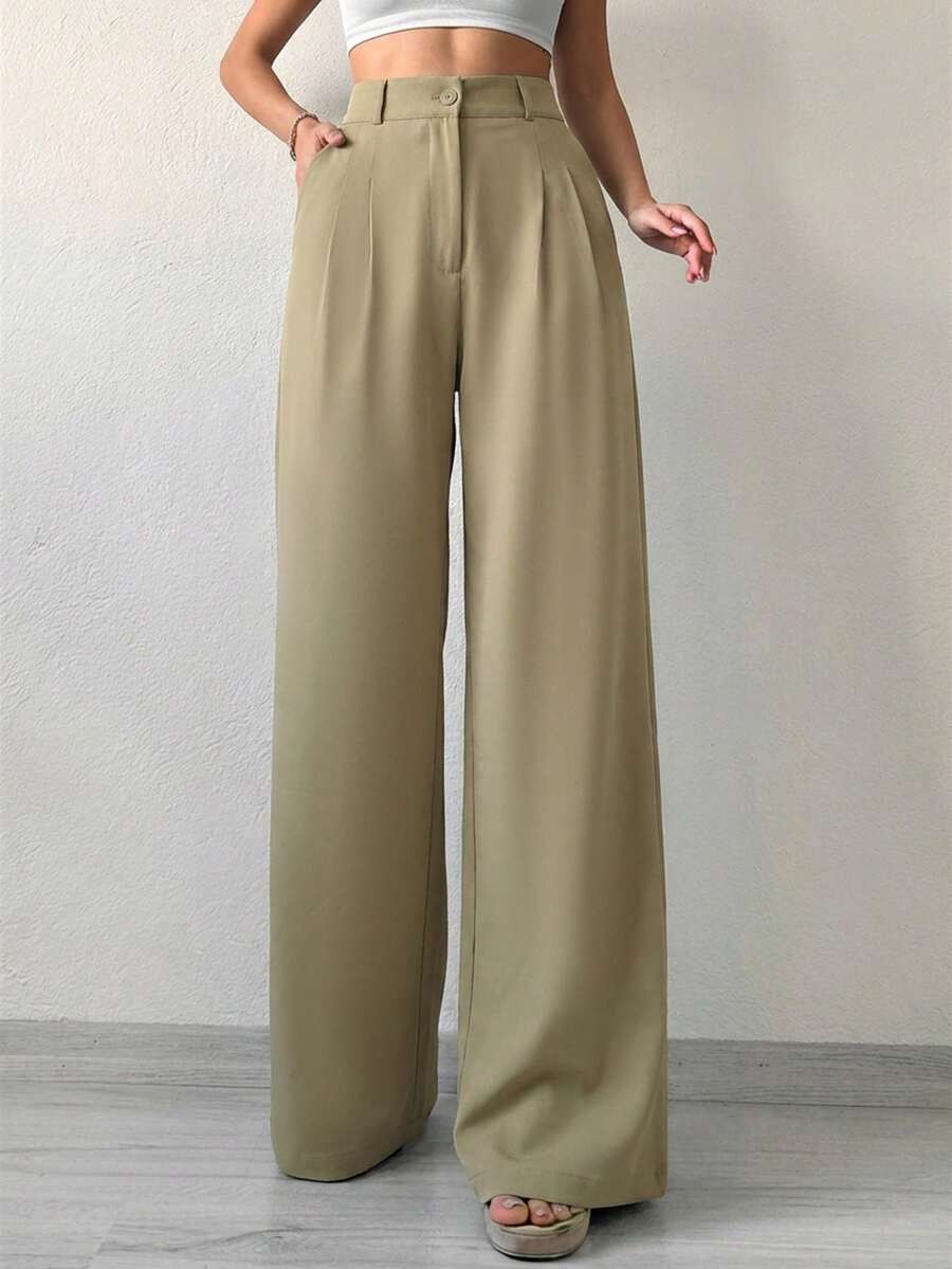 SHEIN Tall Women's Solid Color Wide Leg Suit Pants - Army Green - View 1
