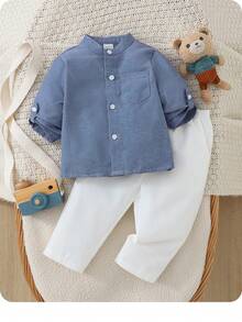 Baby Boy Casual Cute Versatile Blue Long Sleeve Shirt & Elastic Waist Pants Set Cute And Versatile Casual Blue Long-Sleeved Shirt And Elastic Waist Trousers Set For Baby Boys (2-Piece Set). Includes A Casual Gentleman's Long-Sleeved Shirt With Button Loops And White Dress Trousers. Suitable For Home, Outdoor, And Other Occasions. A Gentleman's Shirt And Trouser Set For Little Boys. - Multicolor - View 11