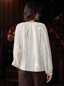 Franclia 女士V领水钻印花休闲百搭度假派对长袖衬衫，春秋季 - 杏色 - 查看 5