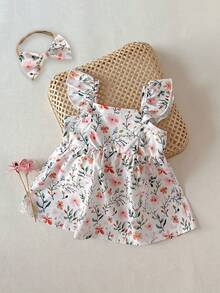 2件套女婴/幼儿可爱水彩花卉印花无袖连衣裙和发带套装，夏季 - 彩色 - 查看 2
