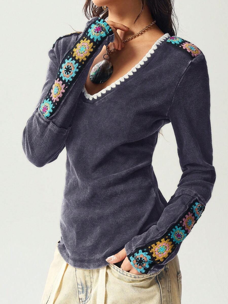 Bohemela 休闲度假纯色V领长袖修身水洗女式T恤 - 藏蓝色 - 查看 1