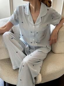 Napfluff Women's Striped Bow Print Short Sleeve Pajama Set - Multicolor - View 6