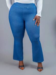 CurvyTilda Quần jeans ống loe rộng, màu trơn, cạp chun co giãn, chất liệu dệt kim, dáng casual, phù hợp với dáng người đồng hồ cát. - Màu xanh lam - Xem 5