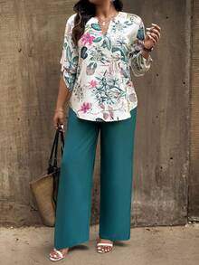 SHEIN LUNE 大码女式热带植物印花荷叶袖衬衫和裤子休闲两件套 - 彩色 - 查看 1
