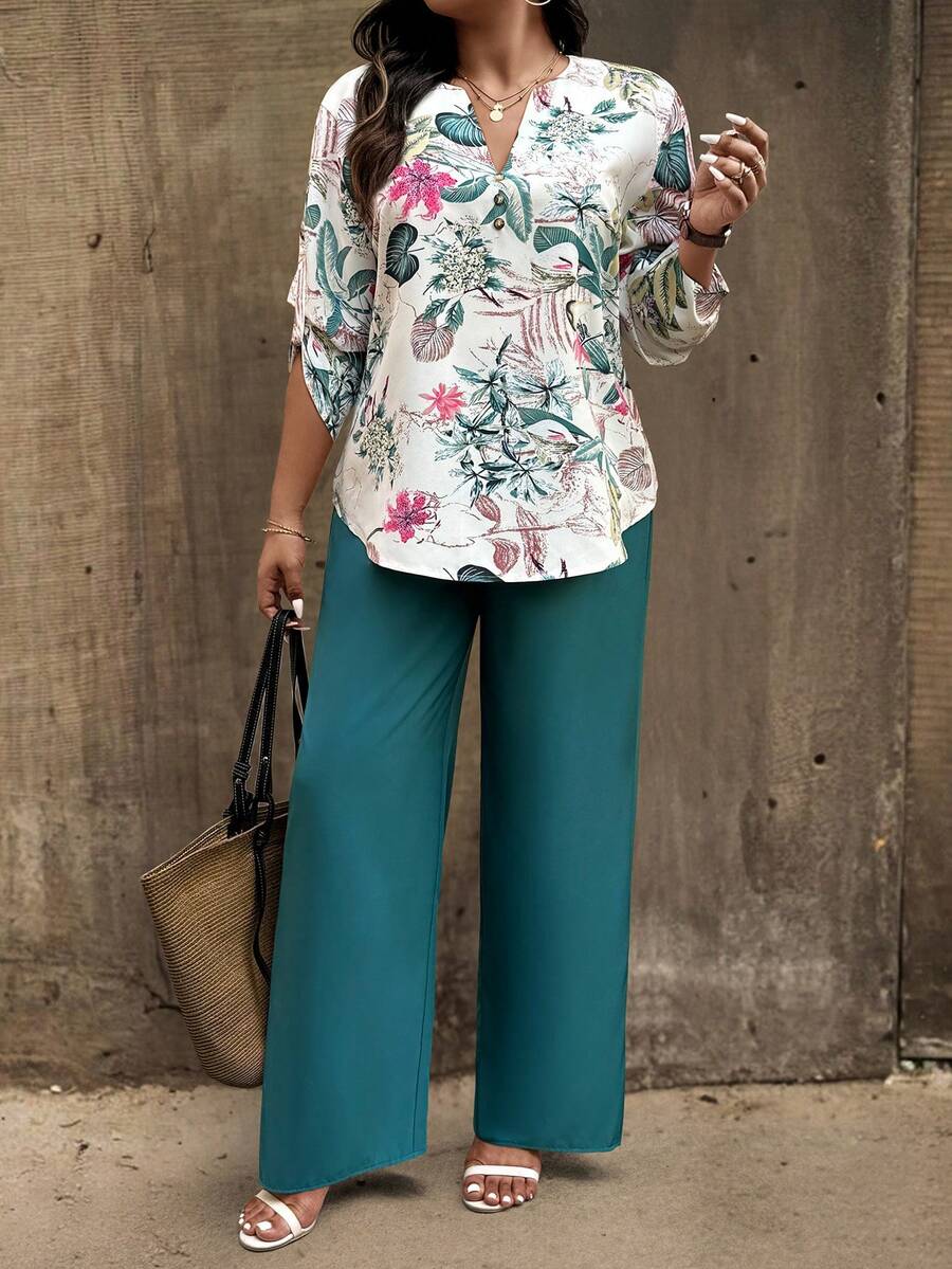SHEIN LUNE 大码女式热带植物印花荷叶袖衬衫和裤子休闲两件套 - 彩色 - 查看 1