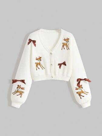 Kawaii Süße Landhaus-Hirsch Stickerei Schleife Kontrast Farbe V-Ausschnitt Kurze Strickjacke