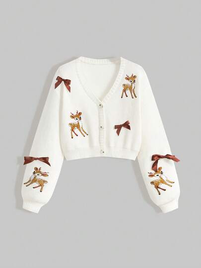 Kawaii Cárdigan corto con cuello en V de color contrastante y bordado de ciervos lindos de campo