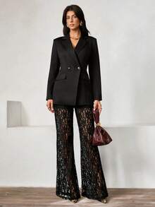 SHEIN PETITE Women's Elegant Loose Double-Breasted Long Sleeve Blazer Jacket And Flared Lace Pants Set, Spring/Autumn - Black - View 6