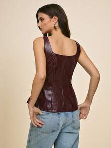 Poéselle Women's Faux Leather Peplum Corset Top,Red Wine Square Neck Bustier Tank,Autumn Chic Night Out Party Vegan Leather Waist Cinched Sleeveless Blouse - Burgundy - View 5