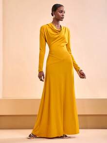 Zivah Festivalul de muzică nouă de primăvară 2025, Paște, Western, Stil nomad, Petrecere de ziua de naștere, Vacanță, Plajă, Petrecere elegantă, Rochie de bal, Rochie galben muștar cu mânecă lungă și decolteu încrețit, linie A - Galben - Vizualizare 3