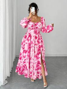 Elenzga Plusstorlekar Elegant Fransk Dam Mode Personlig Slumpmässigt Rosa Blommig Volangkant Långärmad Figurnära Maxiklänning, Lämplig För Vardagskläder, Utflykt, Pendling, Semester, Dejt, Alla Hjärtans Dag, Nyår - Multifärgad - Visa 3