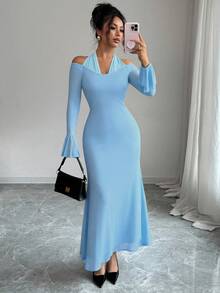 SHEIN Clasi 女士优雅露背拼接喇叭袖长袖连衣裙，秋季 - 淺藍色 - 查看 7