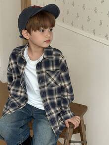 DAZY 男童格子落肩长袖单排扣休闲口袋衬衫 - 棕色 - 查看 3