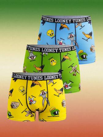 LOONEY TUNES X SHEIN 男士三件套舒适透气卡通图案字母腰带平角内裤
