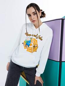 ADVENTURE TIME X SHEIN Women's Casual Cartoon & Letter Print Dropped Shoulder Loose Kangaroo Pocket Drawstring Hoodie Sweatshirt