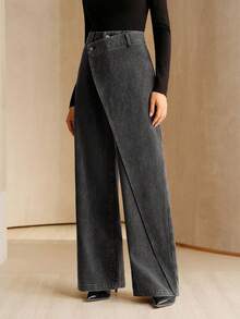 Anewsta 新款女士不对称黑色牛仔裤