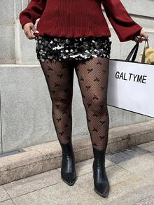 GalTyme 大码女式蝴蝶结网纱性感时尚打底裤 情人节 - 黑色 - 查看 7