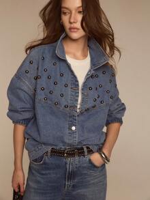 ATUI Studio 女士铆钉纽扣长袖牛仔衬衫 - 藍色 - 查看 5