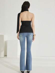 Heiryn 女士优雅不对称金属扣衬衫，优雅不对称黑色上衣，夏季情人节春季必备 - 黑色 - 查看 6