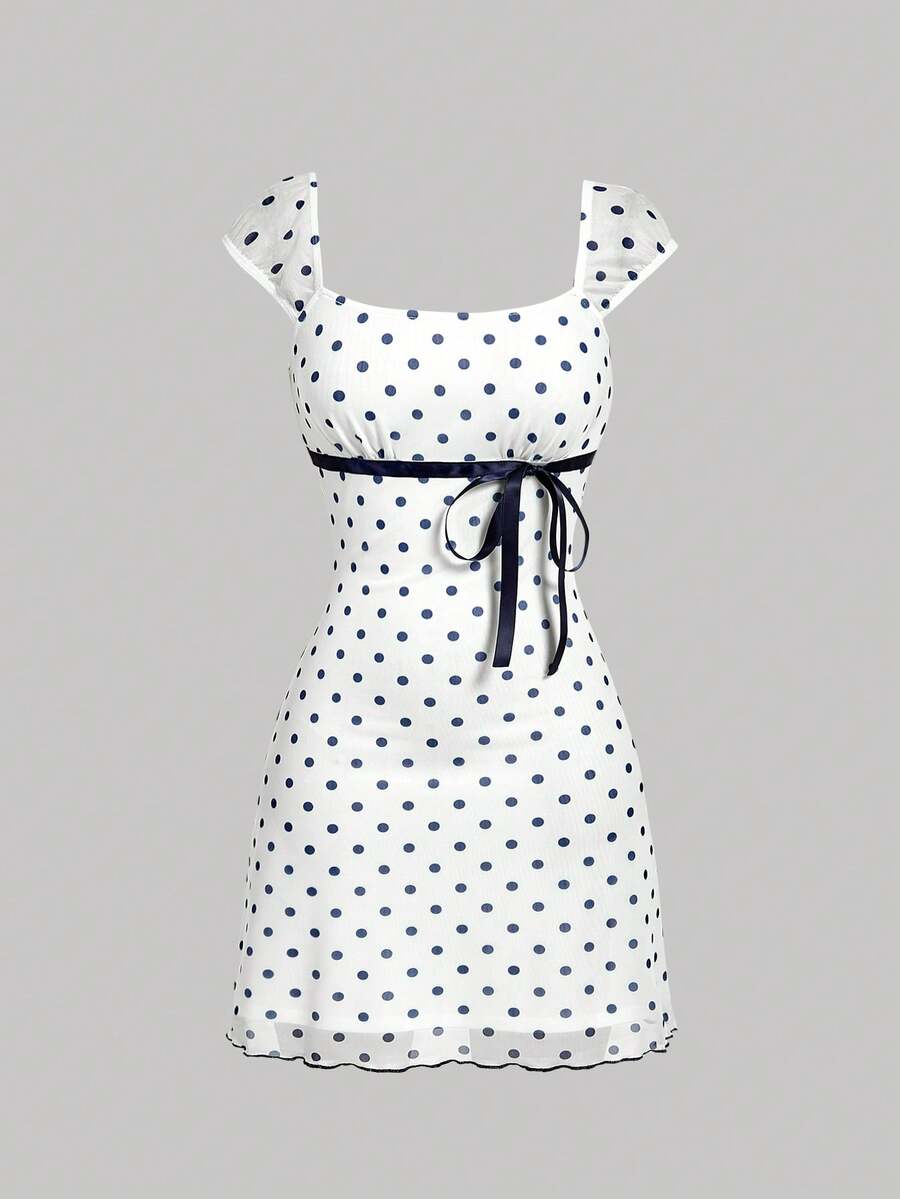 SHEIN MOD Bow Tie Ruched Mesh Polka Dot Dress - Navy Blue - View 1